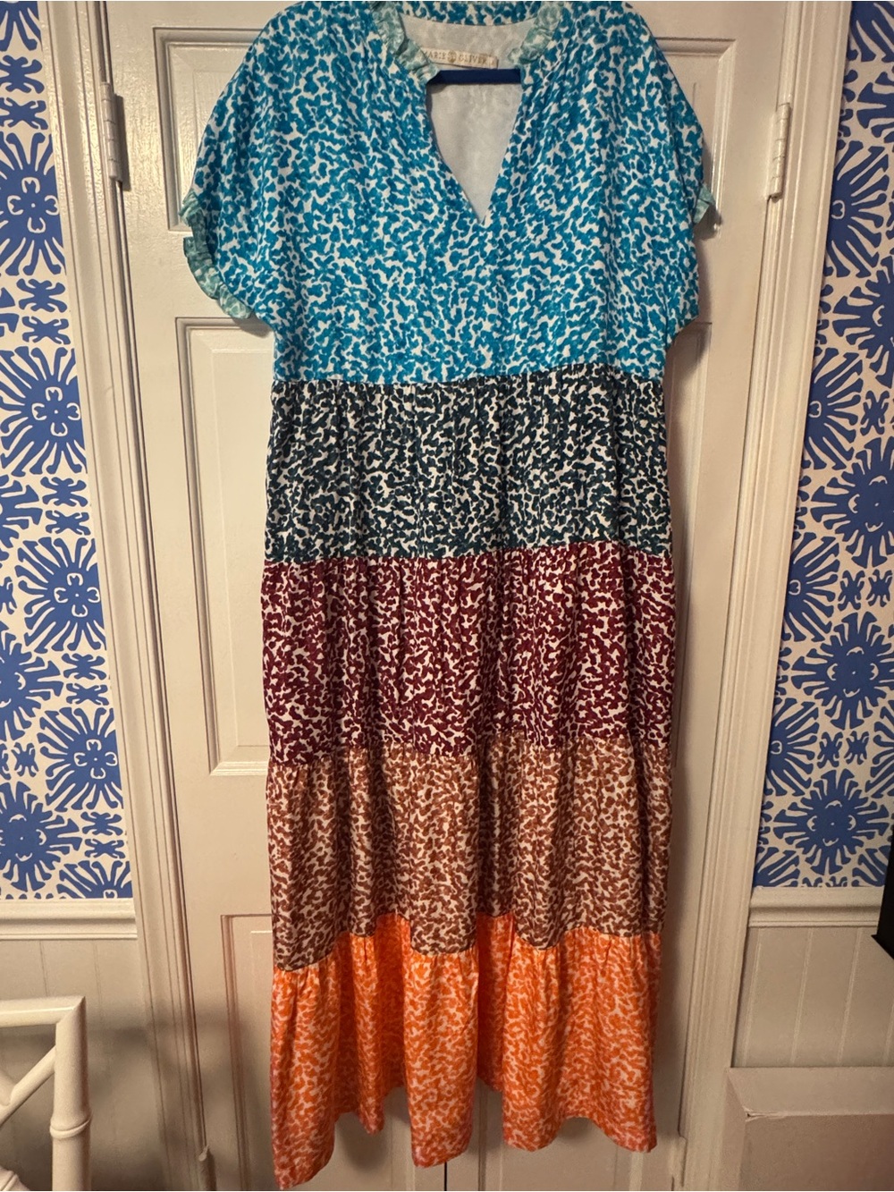 Colorblock Tiered Maxi Dress - Bright Blue, Black, Burgundy, Brown, Orange